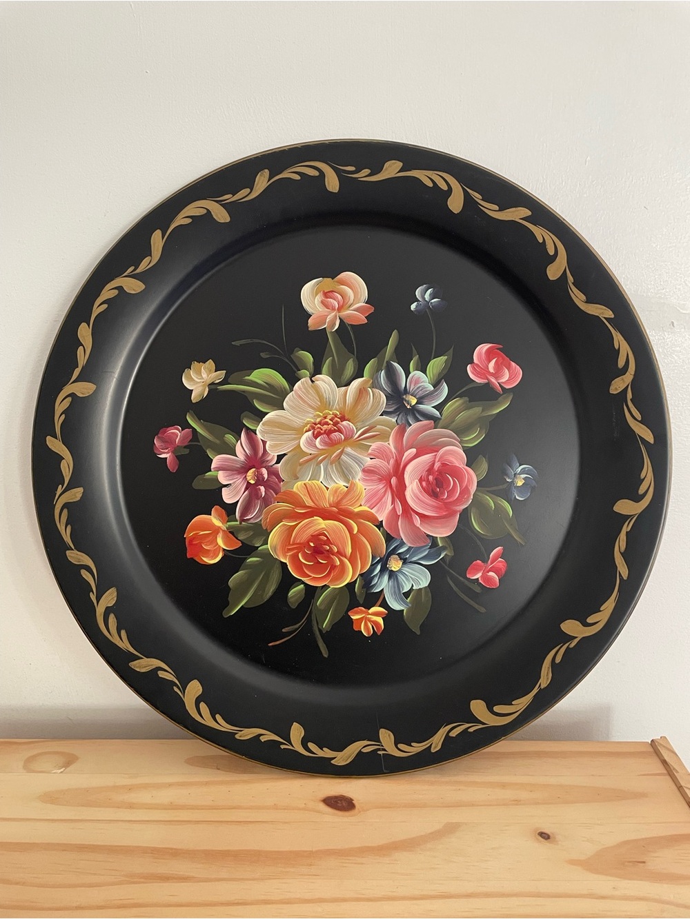 Vintage 20" Toleware Hand-Painted Black and Floral Tray